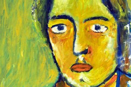 In meiner Spur. Zwei gelbe Gesichter und drei Sonnenblumen.