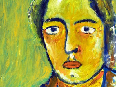 In meiner Spur. Zwei gelbe Gesichter und drei Sonnenblumen.